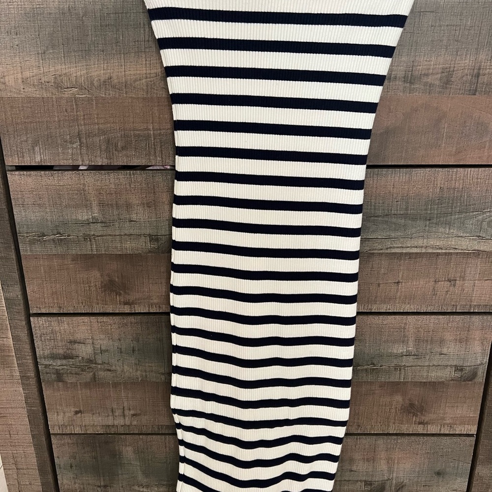 Striped Navy and White Strapless Dress